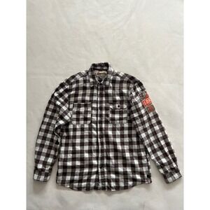 Parish Nation Mens 2XL Flannel Shirt Brown White Plaid Distressed Patches PN 506